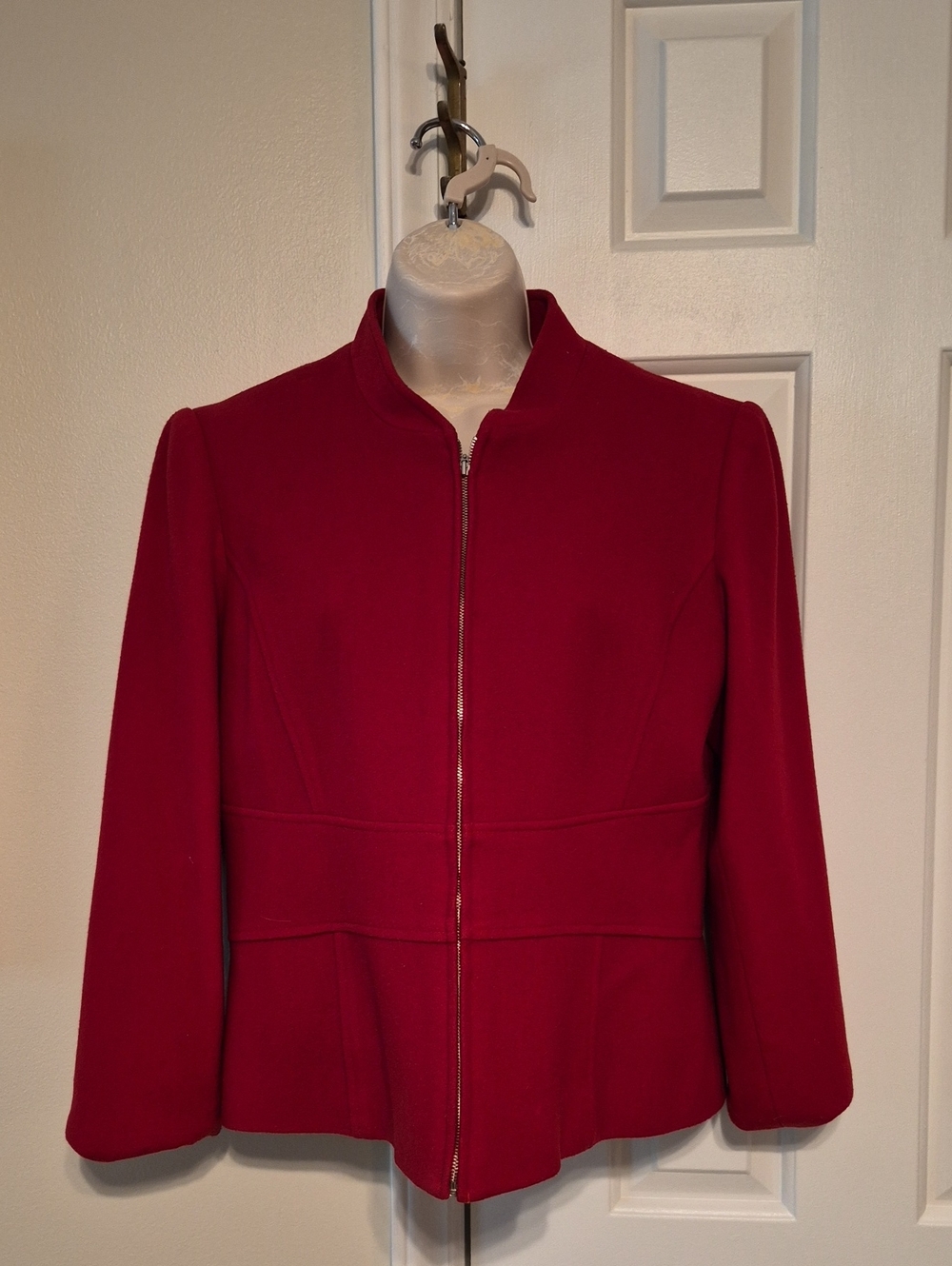 Classic Wool Women's Red Zip-Front Peplum Blazer